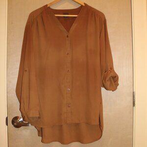 Women's Covington Tunic 2X, roll up, button tab sleeves, V-Neck, Chocolate Brown